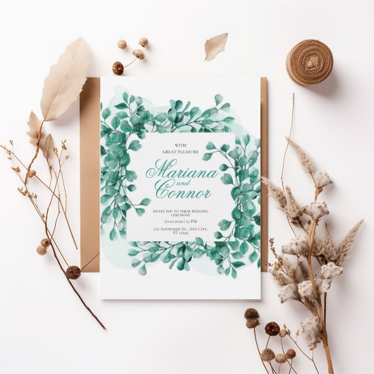 Watercolor Greenery Botanical Wedding Invitation Kaart