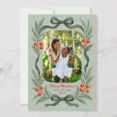 Watercolor Greenery Bow Merry Christmas Photo Feestdagenkaart (Voorkant)