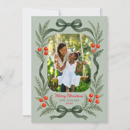 Watercolor Greenery Bow Merry Christmas Photo Feestdagenkaart (Voorkant)