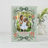 Watercolor Greenery Bow Merry Christmas Photo Feestdagenkaart (Staand voorkant)