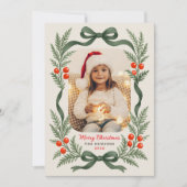 Watercolor Greenery Bow Merry Christmas Photo Feestdagenkaart (Voorkant)