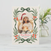 Watercolor Greenery Bow Merry Christmas Photo Feestdagenkaart (Staand voorkant)
