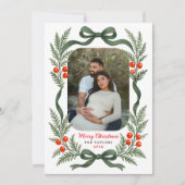 Watercolor Greenery Bow Merry Christmas Photo Feestdagenkaart (Voorkant)