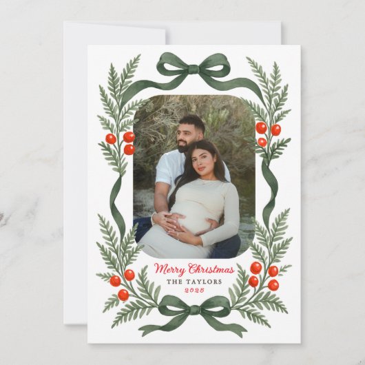 Watercolor Greenery Bow Merry Christmas Photo Feestdagenkaart (Voorkant)