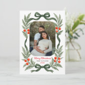 Watercolor Greenery Bow Merry Christmas Photo Feestdagenkaart (Staand voorkant)
