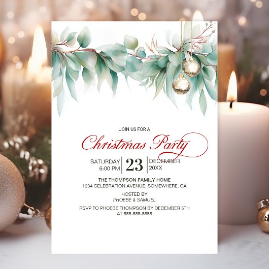 Watercolor Greenery Christmas Party Kaart
