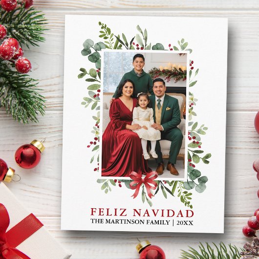 Watercolor Greenery Feliz Navidad Red Bow Briefkaart