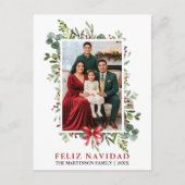 Watercolor Greenery Feliz Navidad Red Bow Briefkaart (Voorkant)