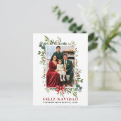 Watercolor Greenery Feliz Navidad Red Bow Briefkaart (Staand voorkant)