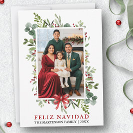 Watercolor Greenery Feliz Navidad Red Bow Feestdagenkaart