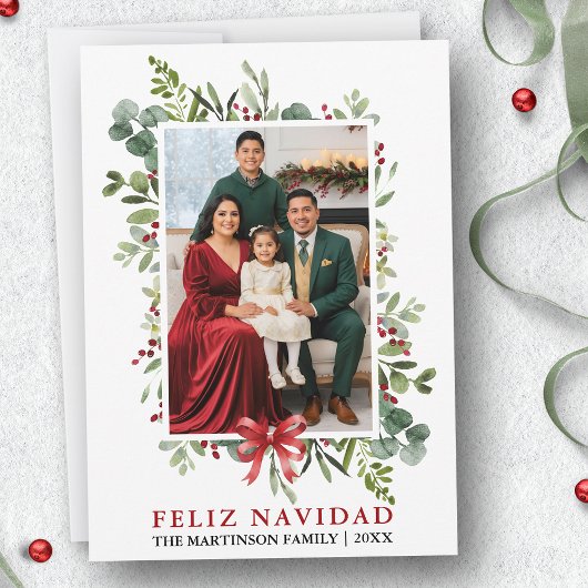 Watercolor Greenery Feliz Navidad Red Bow Feestdagenkaart