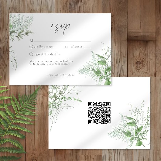 Watercolor Greenery Fern Rustic Wedding QR RSVP Kaartje