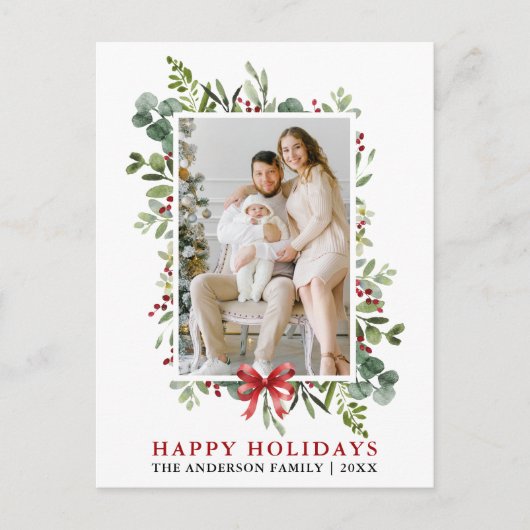 Watercolor Greenery Happy Holidays Red Bow Briefkaart (Voorkant)