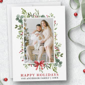 Watercolor Greenery Happy Holidays Red Bow Feestdagenkaart