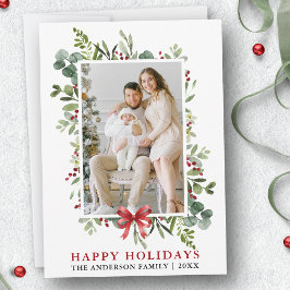 Watercolor Greenery Happy Holidays Red Bow Feestdagenkaart