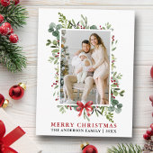Watercolor Greenery Merry Christmas Red Bow Briefkaart