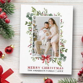 Watercolor Greenery Merry Christmas Red Bow Briefkaart