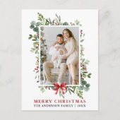 Watercolor Greenery Merry Christmas Red Bow Briefkaart (Voorkant)
