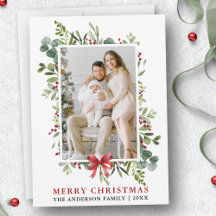 Watercolor Greenery Merry Christmas Red Bow