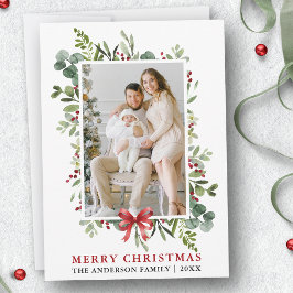 Watercolor Greenery Merry Christmas Red Bow Feestdagenkaart