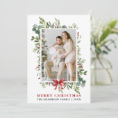 Watercolor Greenery Merry Christmas Red Bow Feestdagenkaart (Staand voorkant)