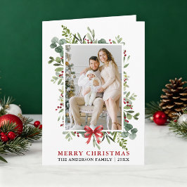 Watercolor Greenery Merry Christmas Red Bow Fold Feestdagen Kaart
