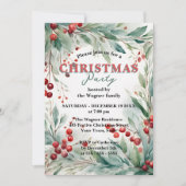 Watercolor Greenery & Red Berries Christmas Party  Kaart (Voorkant)