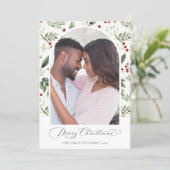Watercolor Greenery & Red Berry Christmas Photo Feestdagenkaart (Staand voorkant)