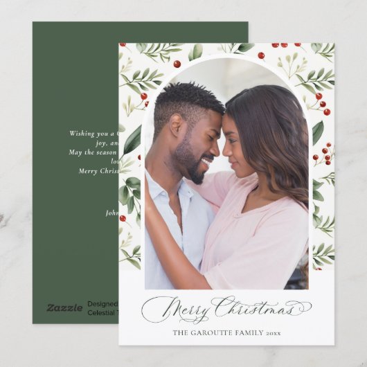 Watercolor Greenery & Red Berry Christmas Photo Feestdagenkaart (Voorkant / Achterkant)