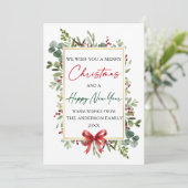 Watercolor Greenery Red Bow Christmas New Year Feestdagenkaart (Staand voorkant)
