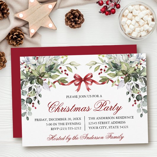 Watercolor Greenery Red Bow Christmas Party Kaart
