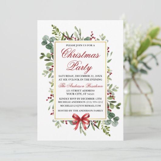 Watercolor Greenery Red Bow Christmas Party Kaart (Staand voorkant)