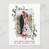 Watercolor Greenery Red Bow First Christmas Briefkaart (Voorkant)
