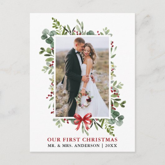 Watercolor Greenery Red Bow First Christmas Briefkaart (Voorkant)