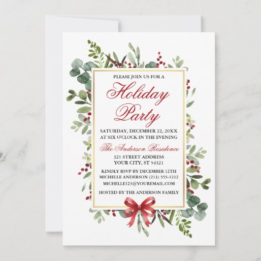Watercolor Greenery Red Bow Holiday Party Kaart (Voorkant)