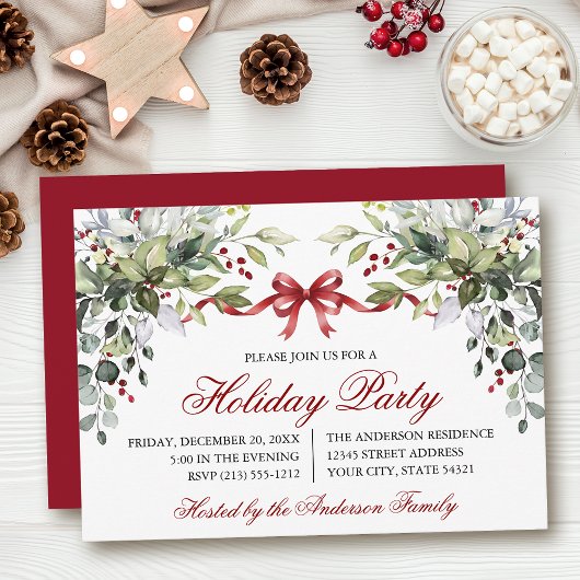 Watercolor Greenery Red Bow Holiday Party Kaart
