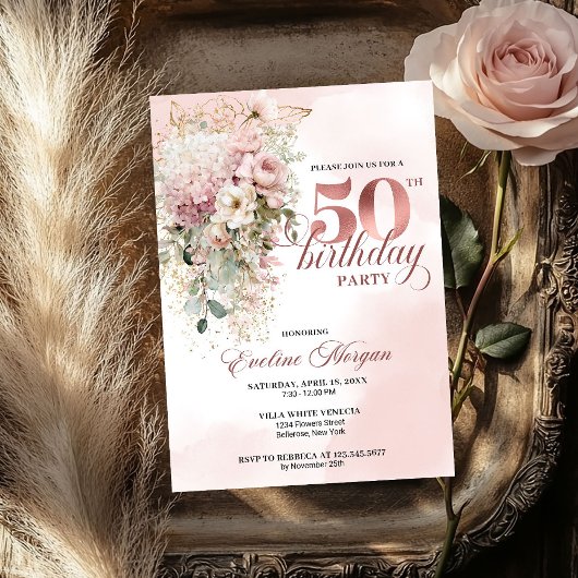 Watercolor Greenery Rose Gold 50th Birthday Invite Kaart