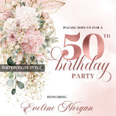 Watercolor Greenery Rose Gold 50th Birthday Invite Kaart