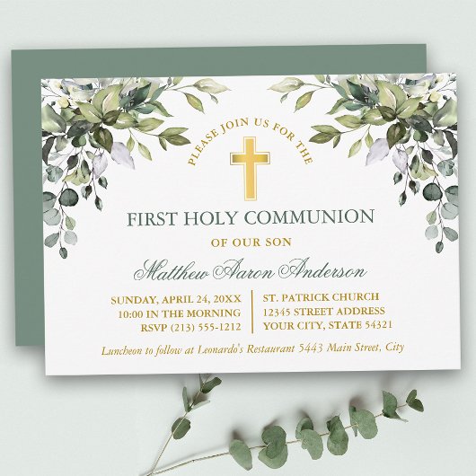 Watercolor Greenery Sage Green Gold Communion Kaart
