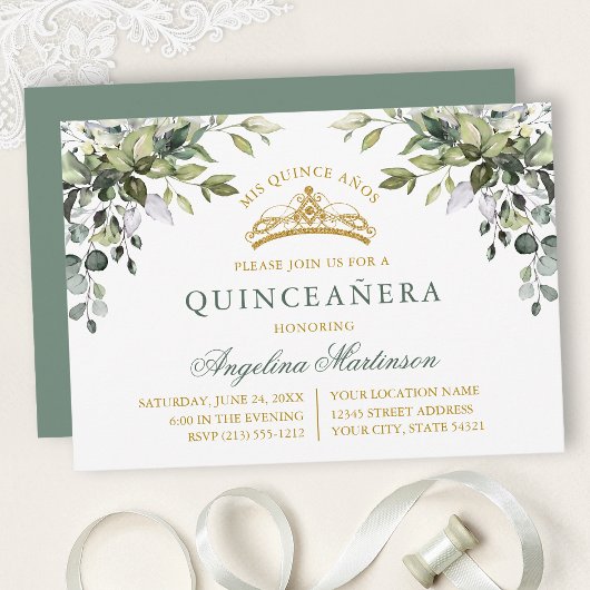 Watercolor Greenery Sage Green Gold Quinceanera Kaart