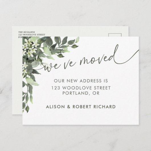 Watercolor Greenery Script Moving Announcement Briefkaart (Voorkant / Achterkant)