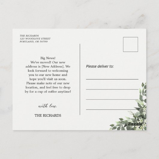 Watercolor Greenery Script Moving Announcement Briefkaart (Achterkant)