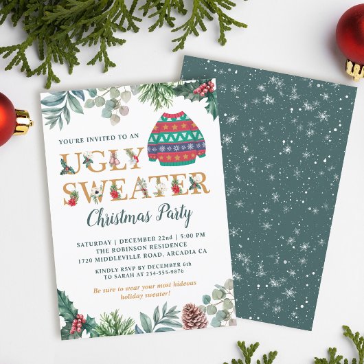 Watercolor Greenery Ugly Sweater Christmas Party Kaart