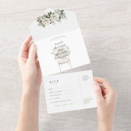 Watercolor greenery white roses Wedding RSVP card  All In One Uitnodiging