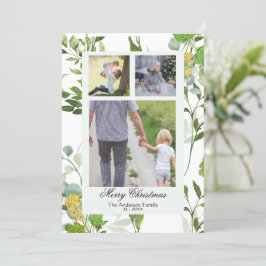 Watercolor groen & bessen 3 Foto Kerstmis Feestdagenkaart
