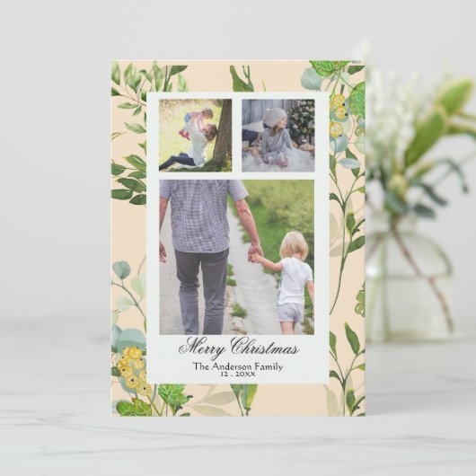 Watercolor groen & bessen 3 Foto Kerstmis Feestdagenkaart (Staand voorkant)