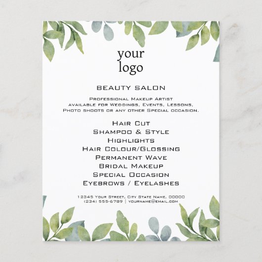 Watercolor groen blad salon flyer (Voorkant)
