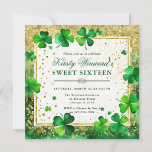 Watercolor Groen en Goud Klavertje Sweet Sixteen Kaart