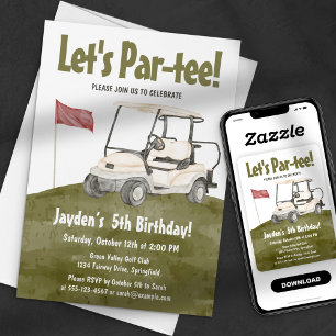Watercolor Groen Let's Par-tee Golfkar Verjaardag  Kaart
