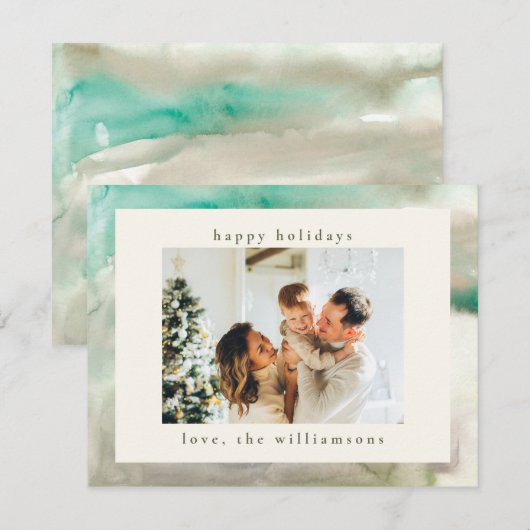 Watercolor Groen Modern Gelukkig Kerstmis Foto Feestdagenkaart (Voorkant / Achterkant)